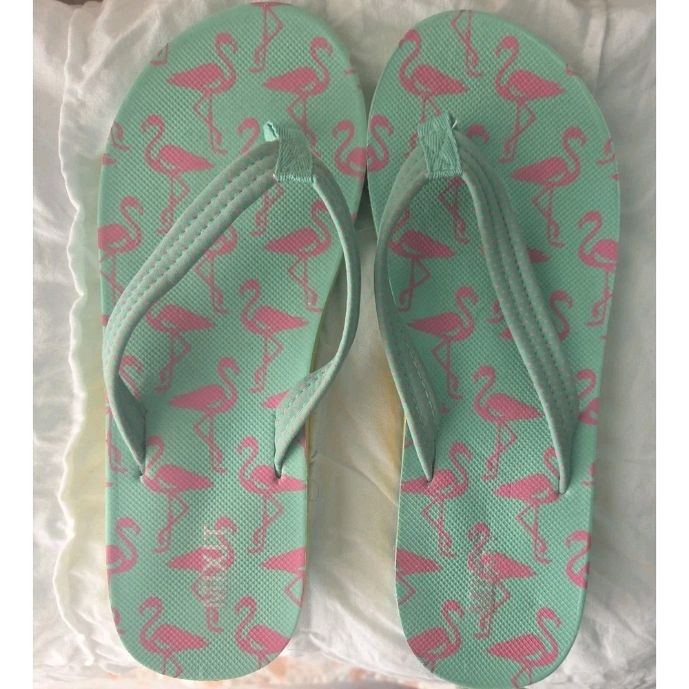 Mixit  Flip Flops Women's Size 8M Pink Green Flamingo Pattern Beach NWOT